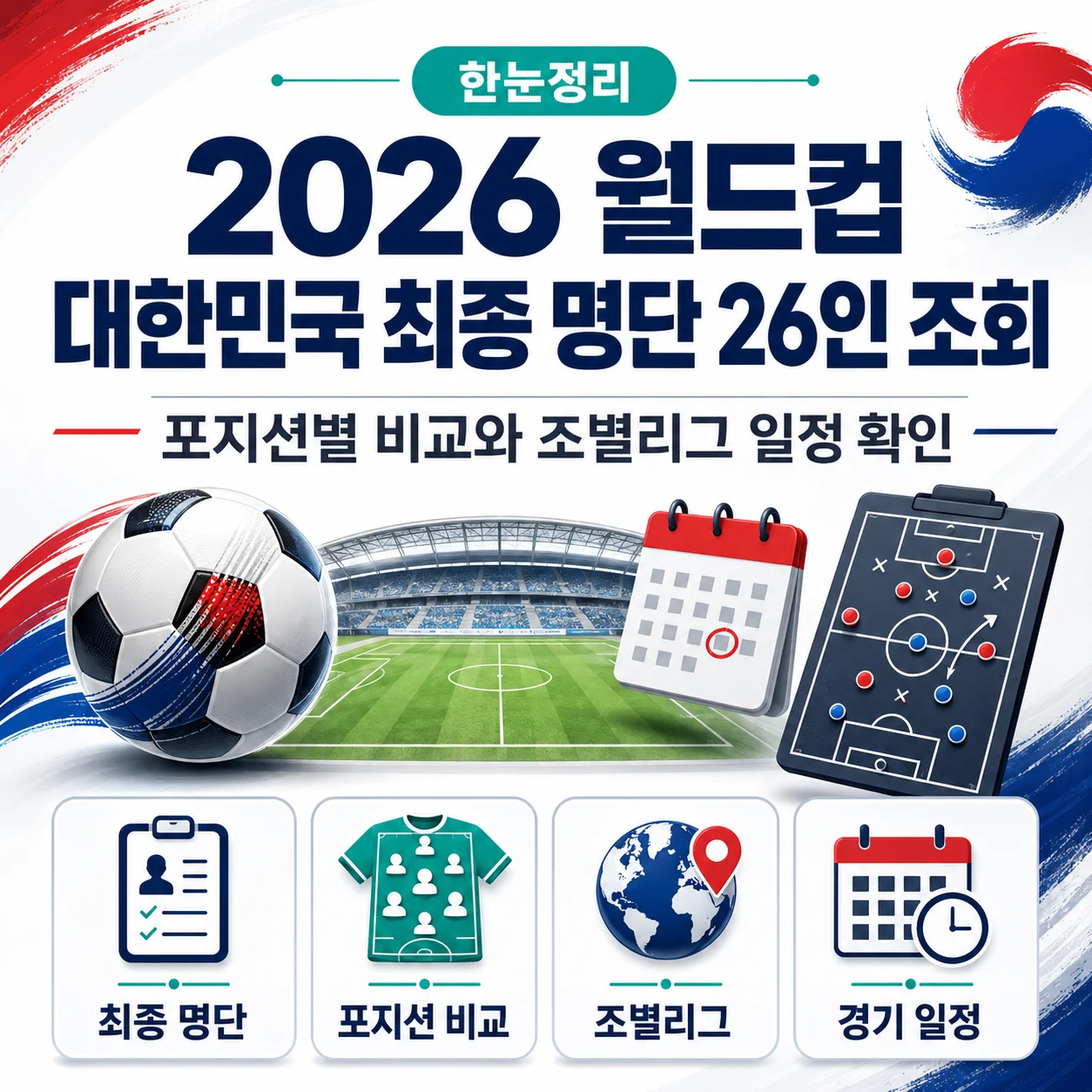 2026 월드컵 대한민국 최종 명단 26인 조회｜포지션별 비교와 조별리그 일정 확인