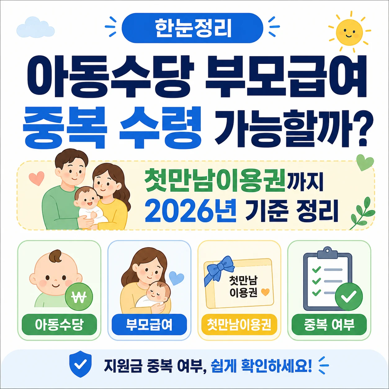 아동수당 부모급여 중복 수령 가능할까? 첫만남이용권까지 2026년 기준 정리