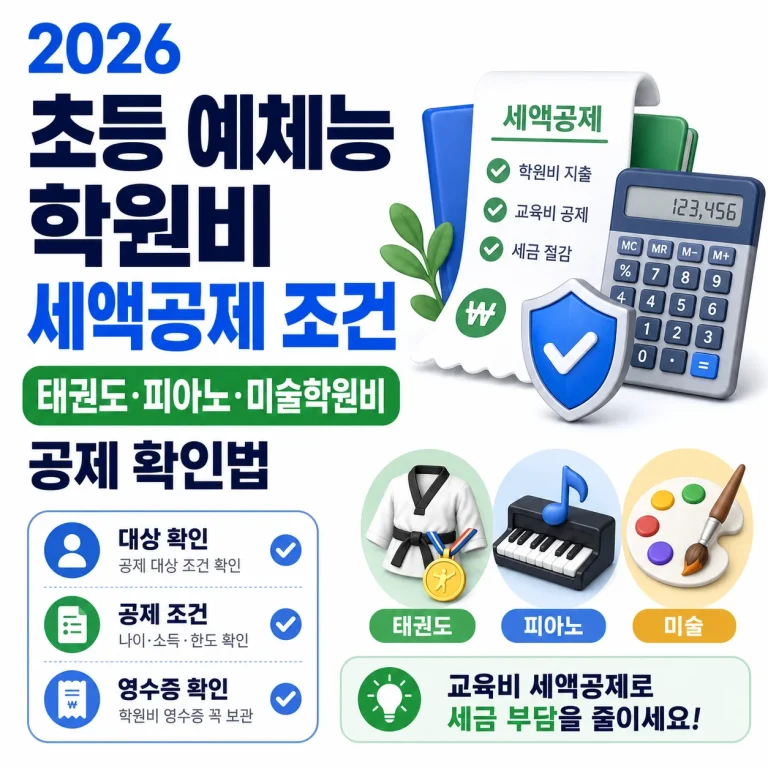 초등 예체능 학원비 세액공제 조건 2026｜태권도·피아노·미술학원비 공제 확인법