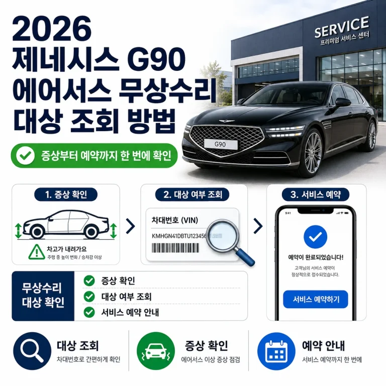 제네시스 G90 에어서스 무상수리 2026 대상 조회 방법, 증상부터 예약까지 한 번에 확인