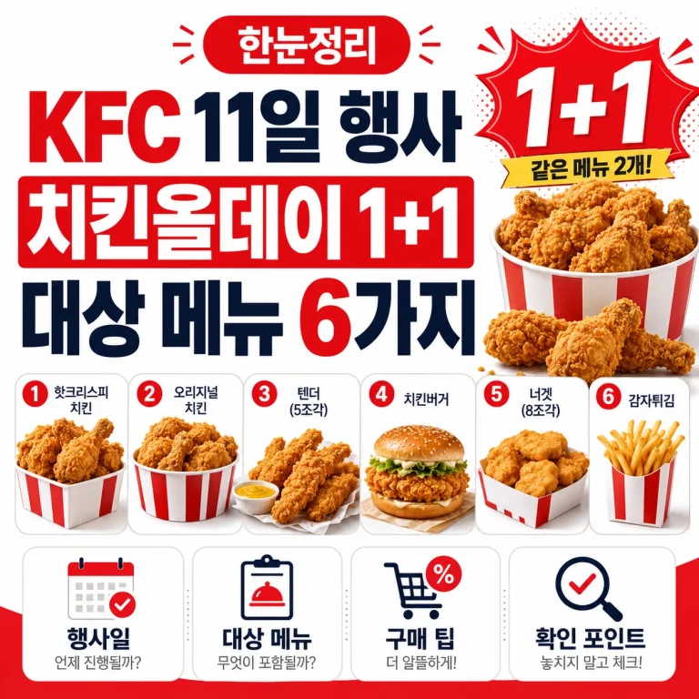 KFC 11일 행사 치킨올데이 1+1 대상 메뉴 6가지