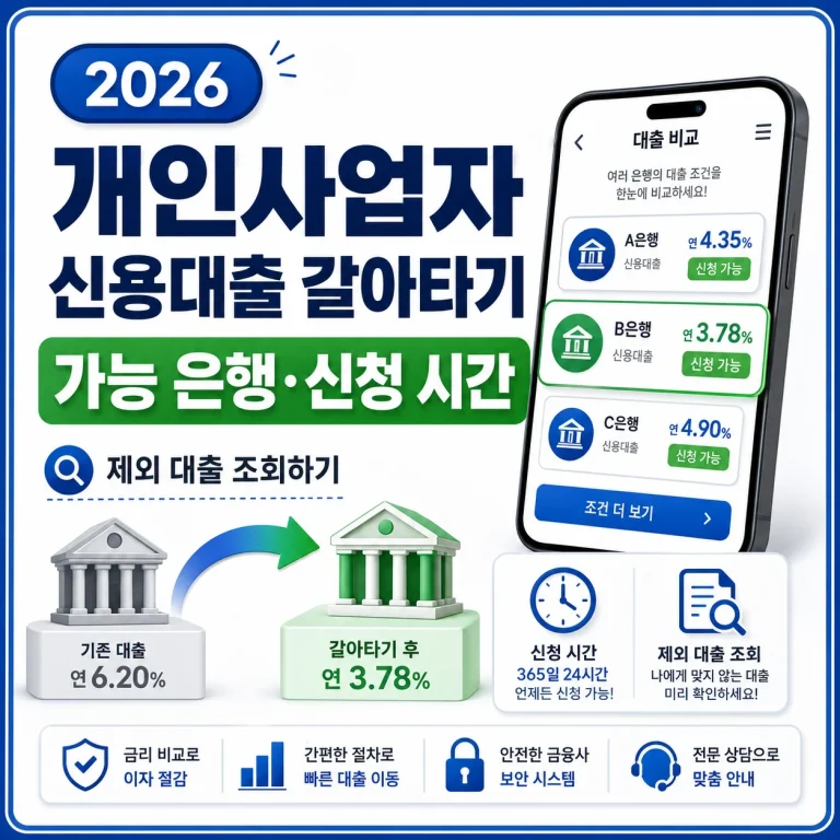 개인사업자 신용대출 갈아타기 2026｜가능 은행·신청 시간·제외 대출 조회하기