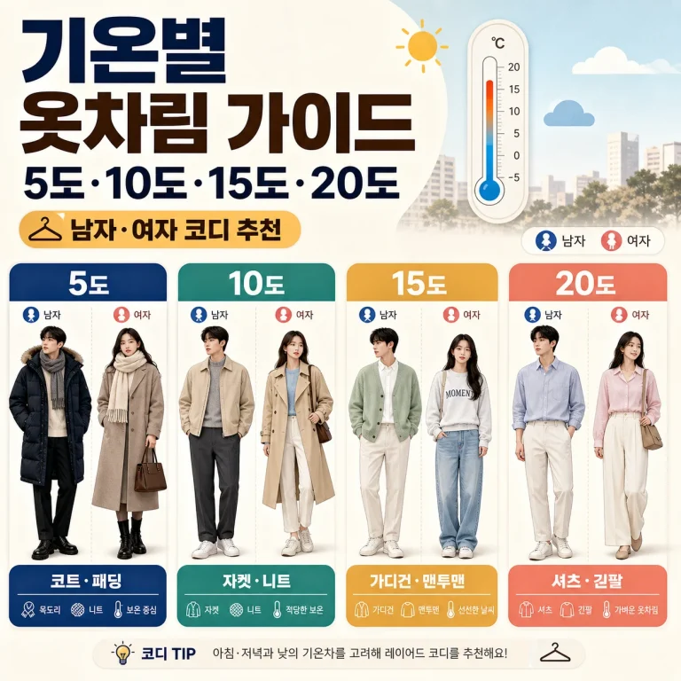 기온별 옷차림 가이드, 5도·10도·15도·20도 남자·여자 코디 추천